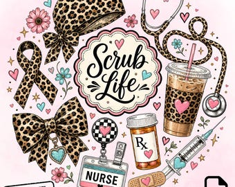 Scrub Life PNG, Leopard Nurse Design, Stethoscope Coffee Sublimation, (Digital Download)