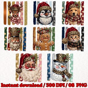 Può includere: Una collezione di otto illustrazioni a tema natalizio che raffigurano un cervo, un pinguino, un golden retriever, uno schiaccianoci, un omino di pan di zenzero, un gatto, Babbo Natale e un pupazzo di neve con accessori leopardati.