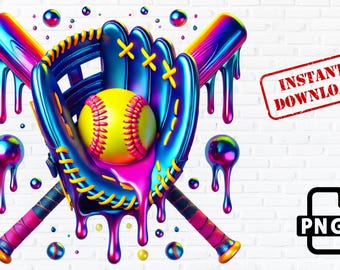 Drippy Softball PNG: Neon Rainbow Melting Sports Clipart (Digital Download)