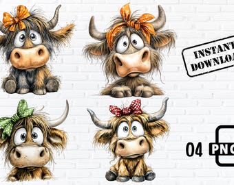 Highland Cow PNG Set , Quirky Cow Clipart Bundle with Bows for Sublimation (Digital Download)
