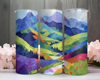 Abstracte bergbeker, levendig landschapsontwerp (20 oz sublimatie, png PNGEgg)
