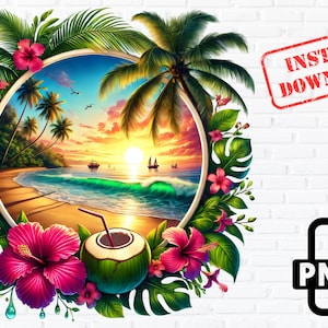 Tropical Beach Sunset PNG: Palm Tree Clipart (Instant Download)