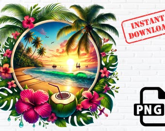 Tropical Beach Sunset PNG: Palm Tree Clipart (Instant Download)