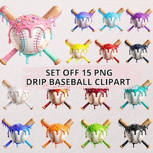 May include: A set of 12 baseball clipart images with a dripped-icing design. Each baseball has a different colour of icing and sprinkles, with wooden bats crossed behind them. The text "SET OFF 15 PNG DRIP BASEBALL CLIPART" is also visible.