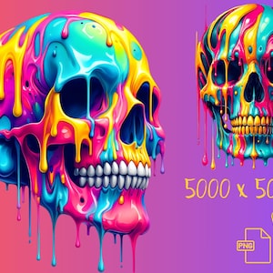 Puede incluir: Una calavera colorida con pintura goteando en tonos de rosa, azul, amarillo y verde. La calavera está representada en un estilo 3D con una textura detallada.