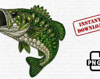 Green Glitter Bass Fish PNG: Faux Rhinestone & Pearl Jewel Design (Instant Download)