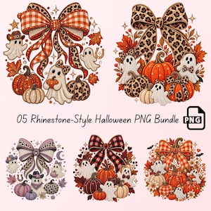 Può includere: Un set grafico digitale intitolato 05 Rhinestone-Style Halloween PNG Bundle che presenta cinque composizioni circolari di fantasmi, zucche e grandi fiocchi. I design incorporano stampa leopardata, motivi a quadri e texture simili a strass.
