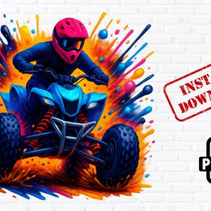 Puede incluir: Arte digital vibrante de un quad azul con un piloto con casco rosa. La imagen presenta salpicaduras de pintura coloridas en naranja, azul y rosa. Incluye un sello rojo de "DESCARGA INSTANTÁNEA" y un icono PNG.