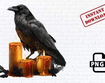 Gothic Raven & Candles PNG: Dark Halloween Clipart (Digital Download