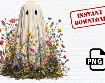 Floral Halloween Ghost PNG: Boho Cottagecore Clipart (Digital Download