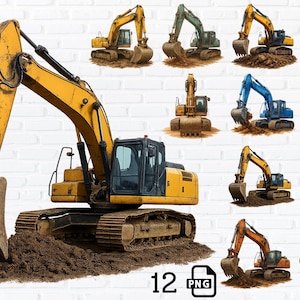 May include: Twelve illustrations of excavators in different colours, including yellow, blue, and orange. Each excavator is shown with a bucket and tracks, digging into a pile of earth. The image includes the text "12 PNG".