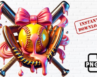 Drippy Softball PNG: Coquette Pink Bow Melt Clipart (Digital Download)