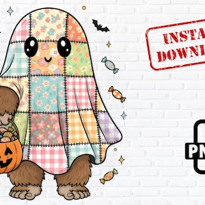 Può includere: Grafica a tema Halloween con una creatura simile a Bigfoot in un costume da fantasma patchwork, che tiene in mano un cestino di zucca pieno di caramelle. L'immagine include pipistrelli, stelle e grafica di caramelle. Testo: DOWNLOAD IMMEDIATO, PNG.
