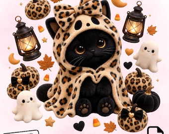 Plush Black Cat PNG, 3D Kawaii Leopard Hoodie Halloween , Pumpkin Ghost Clipart (Digital Download)