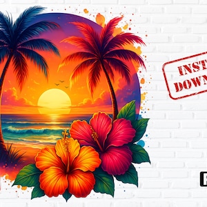 Könnte beinhalten: Eine digitale Illustration eines Sonnenuntergangs über dem Meer mit zwei Palmen und Hibiskusblüten im Vordergrund. Der Himmel ist in leuchtenden Orange- und Lilatönen gehalten, und die Sonne strahlt in hellem Gelb.