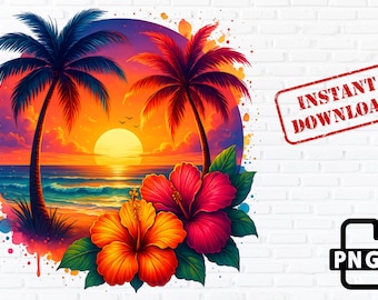 May include: A digital illustration of a sunset over the ocean with two palm trees and hibiscus flowers in the foreground. The sky is a vibrant orange and purple, and the sun is a bright yellow.