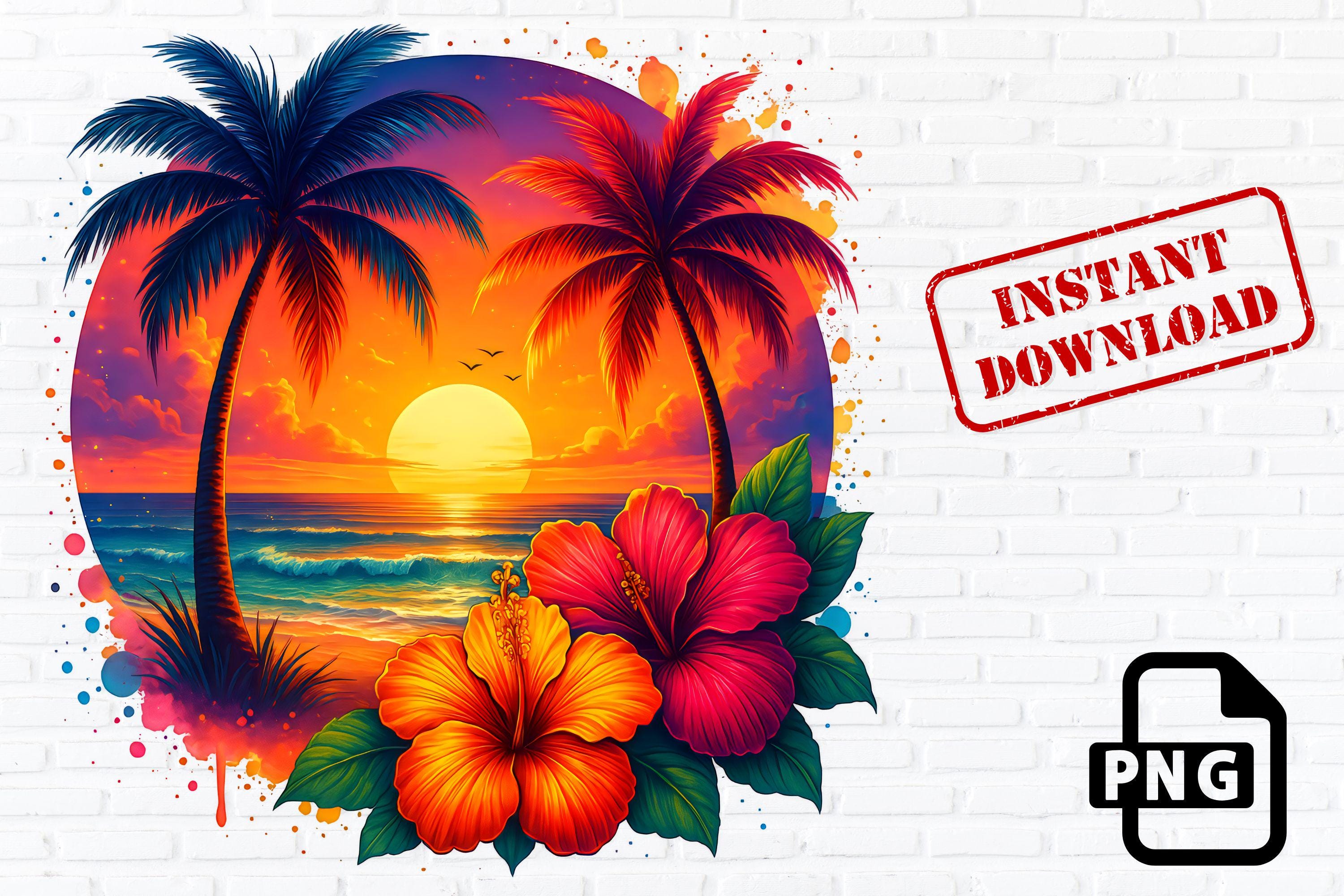 Tropical Sunset PNG Clipart: Palm Trees & Hibiscus (digital