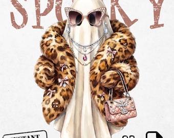 Spooky Fashion Ghost PNG, Leopard Fur Coat Clipart, Glam Diva Sublimation Design(Digital Download)