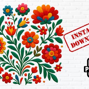 Mexican Flowers Faux Embroidery PNG | Colorful Boho Floral Clipart | Folk Art Sublimation Design , printable mexican floral bouquet png