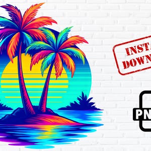 Retro Palm Tree Sunset PNG: Tropical Clipart (Instant Download)