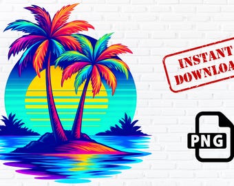 Retro Palm Tree Sunset PNG: Tropical Clipart (Instant Download)