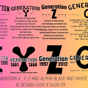 Generationen X, Y, Z & Alpha PNG Bundle: Retro Designs (Digitaler Download)