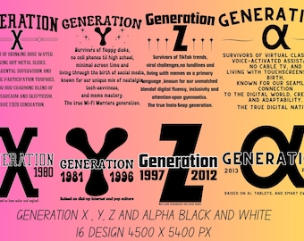 Generations X, Y, Z & Alpha PNG Bundle: Retro Designs (Digital Download)