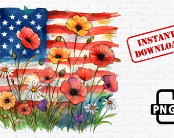 American Flag Floral PNG: Patriotic Watercolor Flowers (Instant Download)