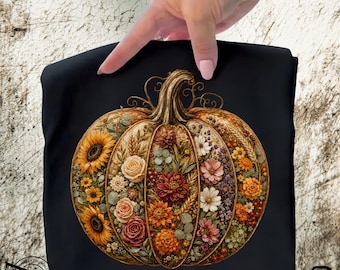 Floral Pumpkin PNG, Vintage Botanical Sunflower Rose Sublimation Design, Fall Autumn Wreath (Digital Download)
