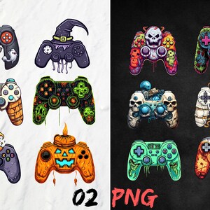 Puede incluir: Una colección de nueve mandos de juego ilustrados digitalmente con temas de Halloween. Cada mando presenta diseños únicos, incluyendo fantasmas, calaveras y calabazas. La imagen incluye el texto "02 PNG".