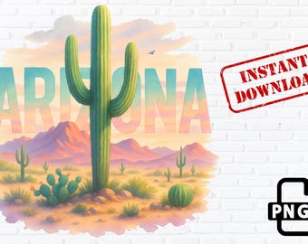 Cactus du désert de l'Arizona au coucher du soleil PNG : Clipart bohème (téléchargement numérique)