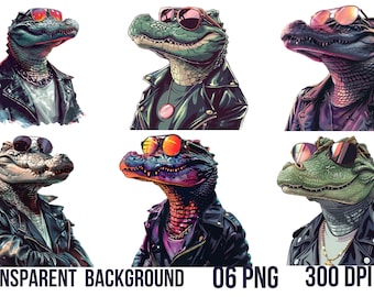 May include: Six illustrations of anthropomorphic alligators wearing sunglasses and black leather jackets. The alligators have different skin tones and sunglasses colors. The text "TRANSPARENT BACKGROUND 06 PNG 300 DPI" is at the bottom.