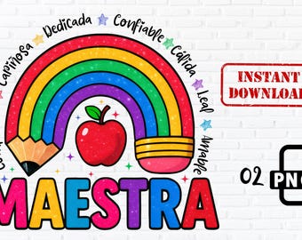 Maestra PNG: Spanish Teacher Rainbow Glitter Pencil Clipart (Instant Download