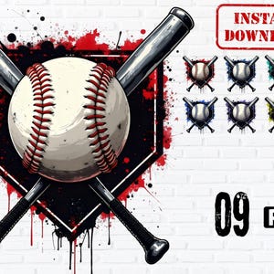 Grunge Baseball PNG: Crossed Bats, Home Plate Clipart (Instant Download)
