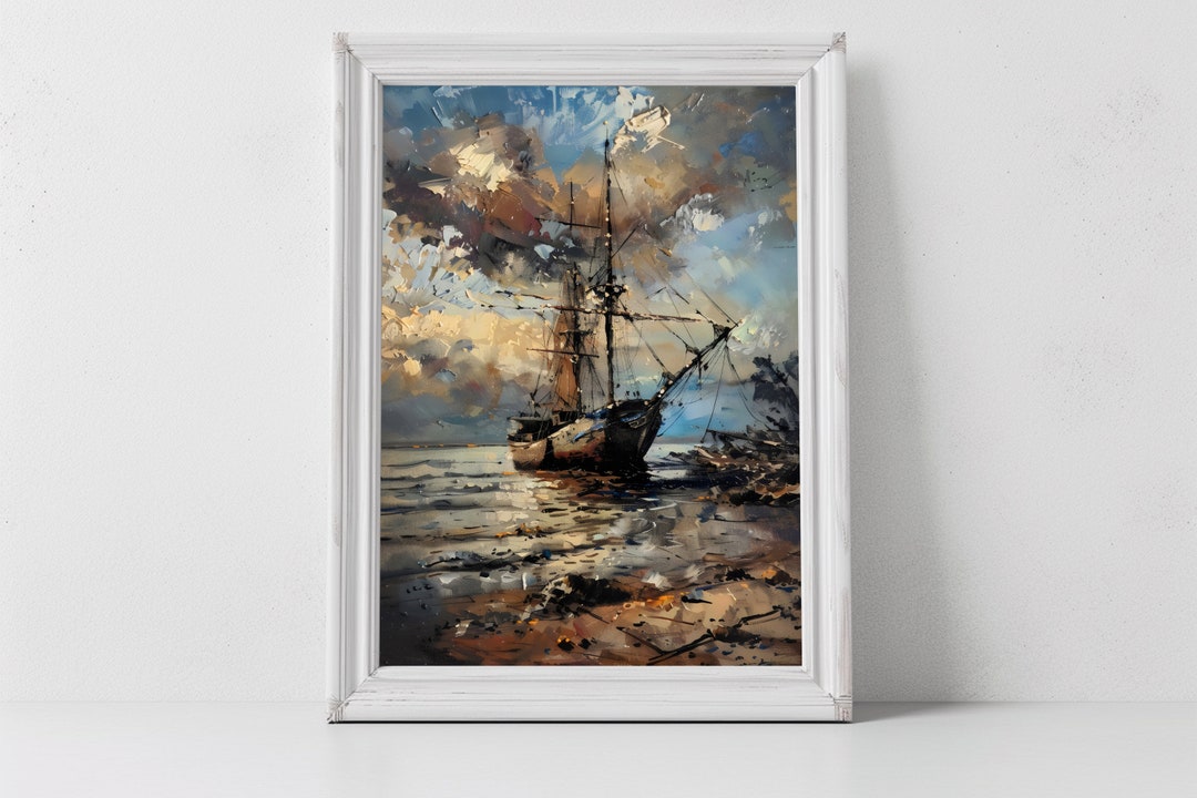 Abstract Nautical Graphics Abstract Nautical Ship Art Print: Ocean Sunset Painting (digital ...