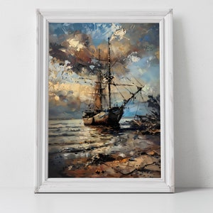 Abstract Nautical Ship Art Print: Ocean Sunset Painting (Digital Download)