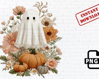 Faux Embroidery Halloween Ghost PNG: Pumpkin Floral Clipart (Digital Download