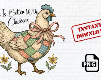 Farmhouse Chicken PNG: Patchwork Hen Clipart (Digital Download