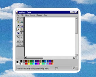May include: A sticker featuring a classic computer software interface window titled untitled - Paint. The grey window includes a white canvas area, a left-side toolbar with various drawing icons, and a bottom colour palette with multiple colour squares.