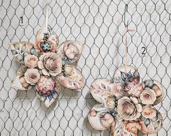 Spring Has Sprung Wood Flower Ornaments with Charms - Chunky - Rustic - Shabby Chic - Painted - Decoupaged - One of A Kind