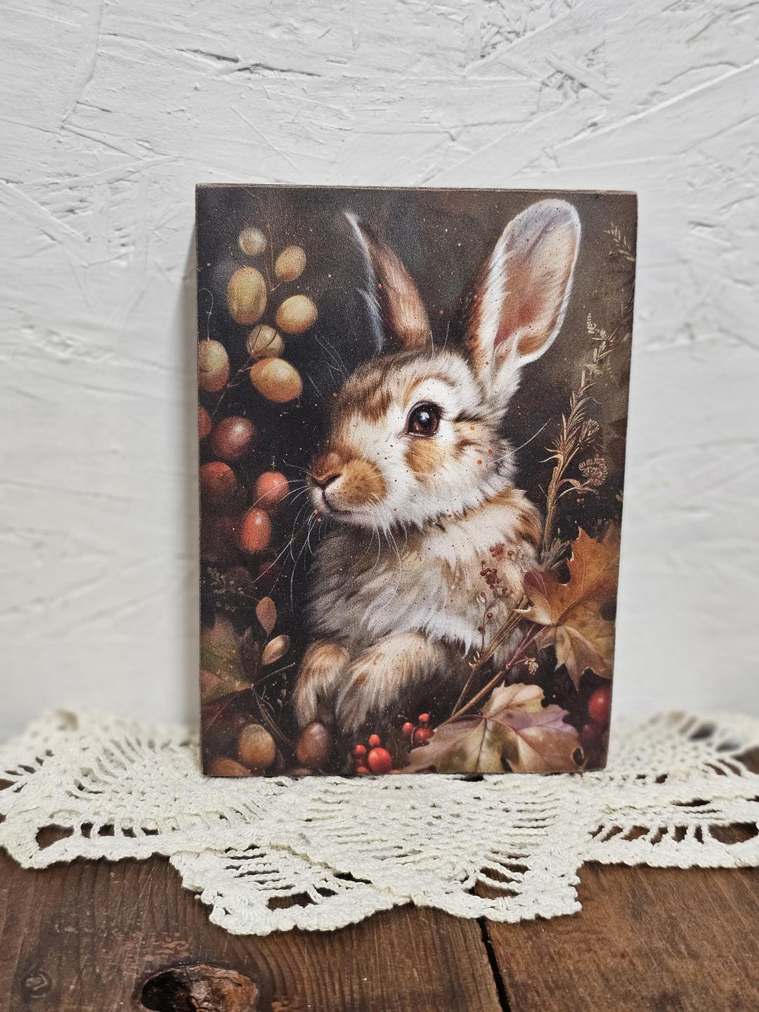 Block Rabbits Wood Large Wooden Block - Rabbit in the Berries - Vintage - Rustic - Shabby ...