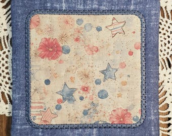 Printed Mug Mat / Coaster  Denim Blue 5" x 5" - Whimsical - Washable - 100% Cotton - Great Gift - Trivet  - Coffee - Tea