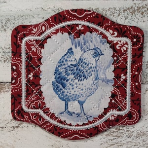 Chickens Shabby Chic -  Mug Mat Coaster  5" x 5" - Whimsical - Washable - 100% Cotton - Candle Mat - Great Gift - Trivet  - Coffee Mug Rug