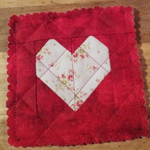 Pieced Floral Heart Mug Mat/Coaster 5&quot; x 5&quot; - Washable - 100% Cotton - Candle Mat - Great Gift - Valentine - Shabby Chic - raw edge
