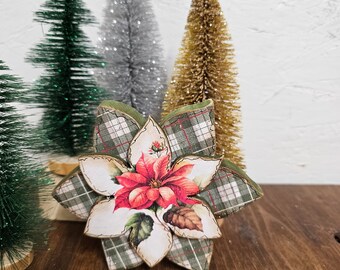 Wooden Flowers - Poinsettia- Chunky - Rustic - Shabby Chic - Holiday -Vintage - Painted - Decoupage - One of A Kind