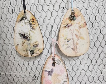 Hanging Wooden Egg Ornaments with Charms - Chunky - Rustic - Shabby Chic - Painted - Decoupaged - One of A Kind