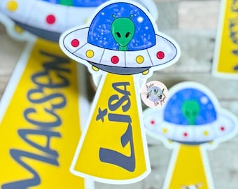 UFO Alien Name Personalised Waterproof Vinyl Sticker for *Smooth Surfaces* Label Kids