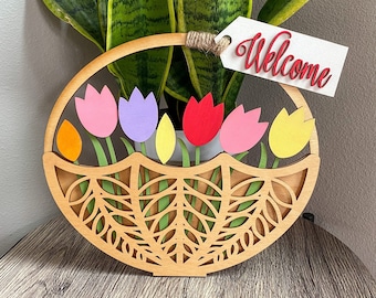 Tulip Welcome Basket, Spring Welcome Sign, Spring Welcome Basket, Tulip Welcome Sign, Wooden Tulip, Wood Welcome Basket, Welcome Door Hanger