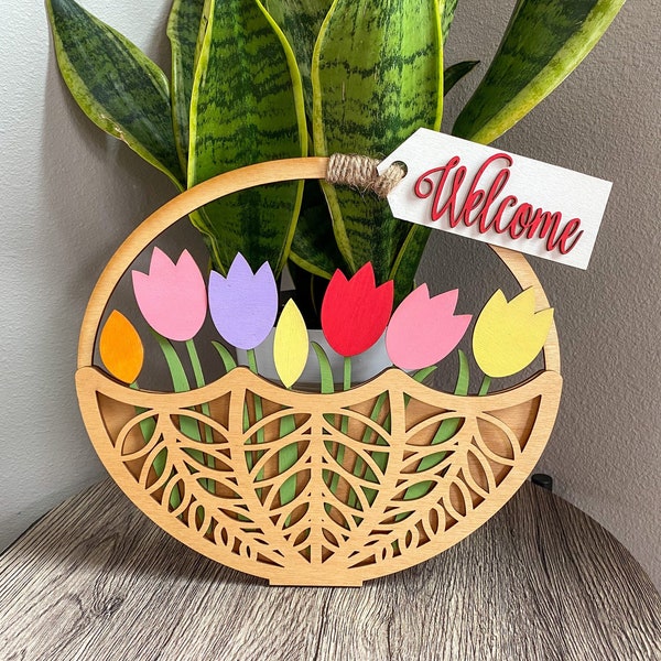 Tulip Welcome Basket, Spring Welcome Sign, Spring Welcome Basket, Tulip Welcome Sign, Wooden Tulip, Wood Welcome Basket, Welcome Door Hanger