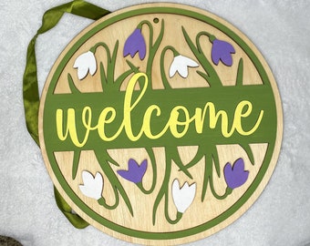 Welkom Snowdrop Flower Sign, bloemendeurhanger, lentebloem welkom, bloemen lenteteken, lente welkom, lente decor, lente hanger